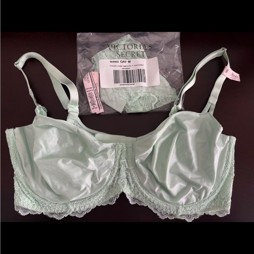 NEW Victoria's Secret Lace Bra (38DD) & Panty Set (M) in Misty Jade Foil
